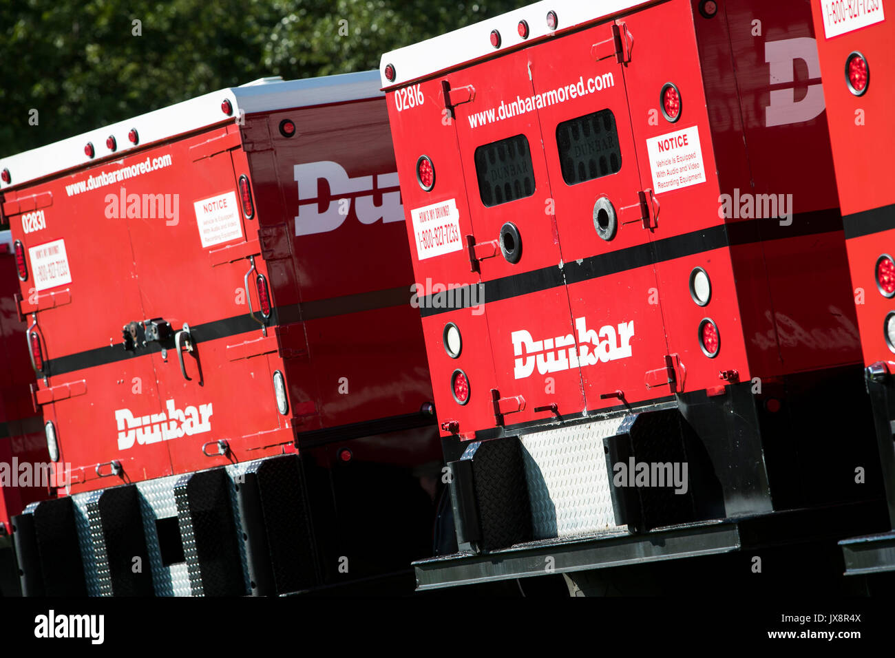 A row of Dunbar Armored trucks in Beltsville, Maryland, on August 13
