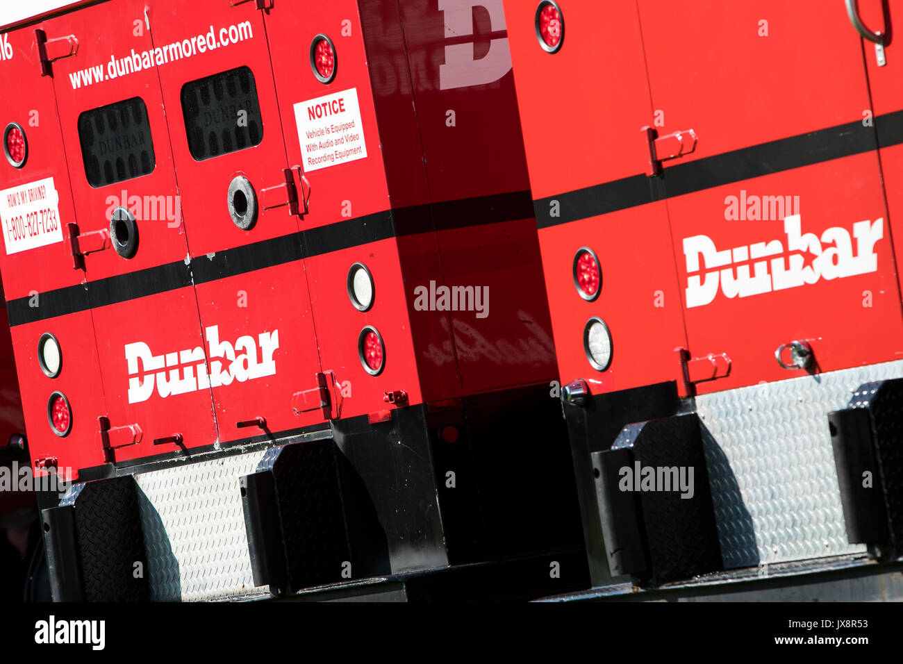 A row of Dunbar Armored trucks in Beltsville, Maryland, on August 13