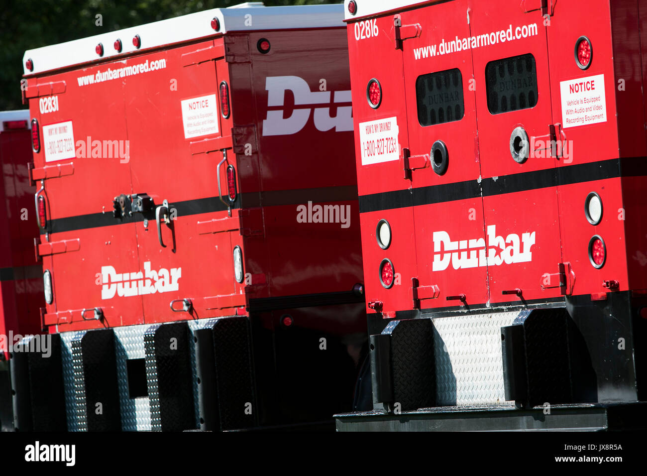 A row of Dunbar Armored trucks in Beltsville, Maryland, on August 13