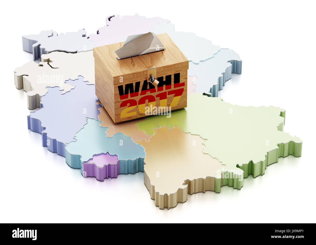 Ballot box on Germany map divided into regions. 3D illustration. Stock Photo