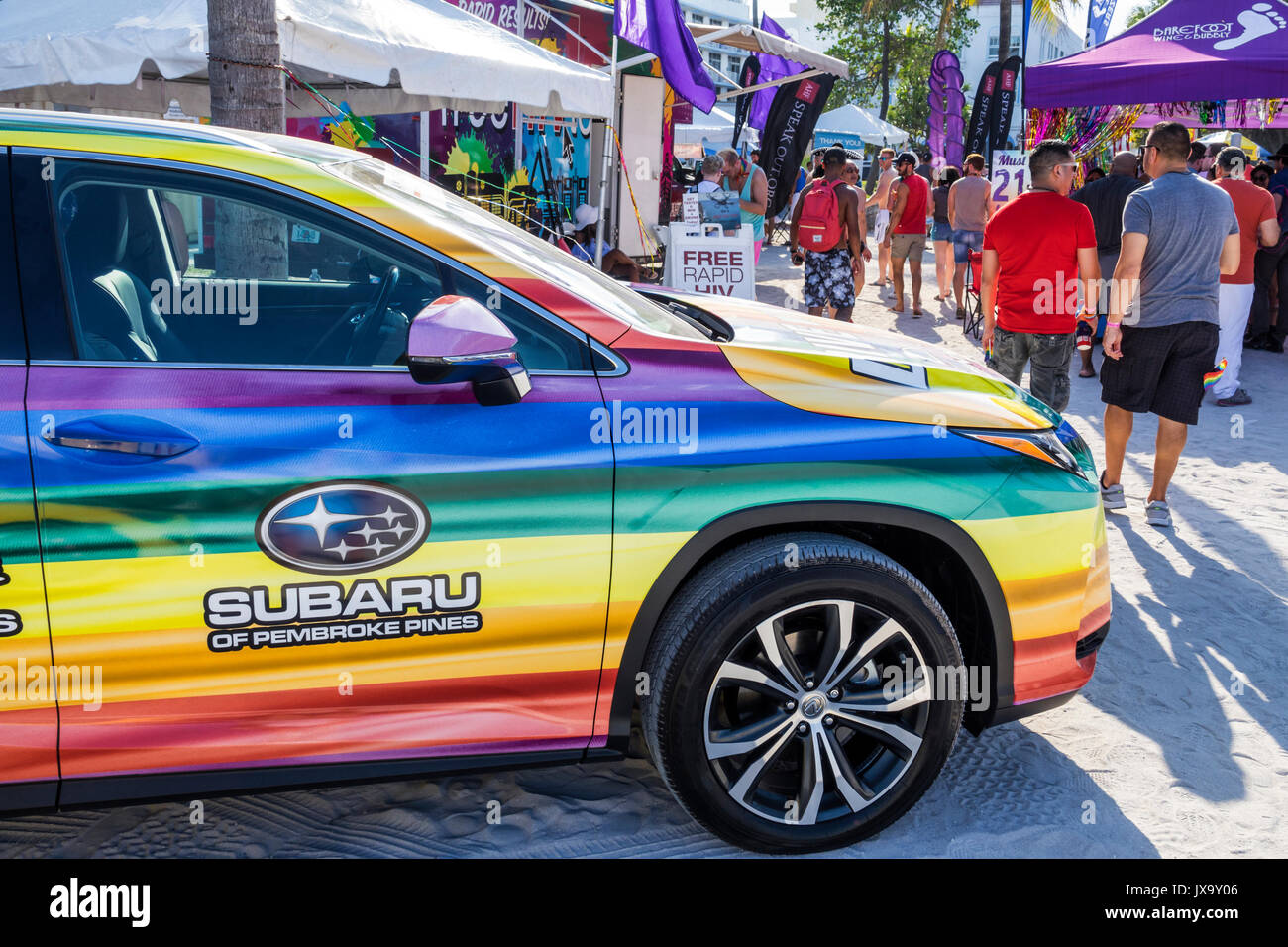 Miami Beach Florida,Lummus Park,Gay Pride Week,LGBTQ,LGBT,Miami Beach,Pride Festival,rainbow colors,Subaru,new car,FL170430026 Stock Photo