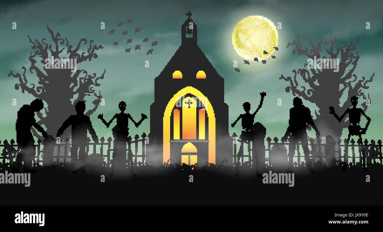 halloween scary zombie in graveyard with church Stock Vector