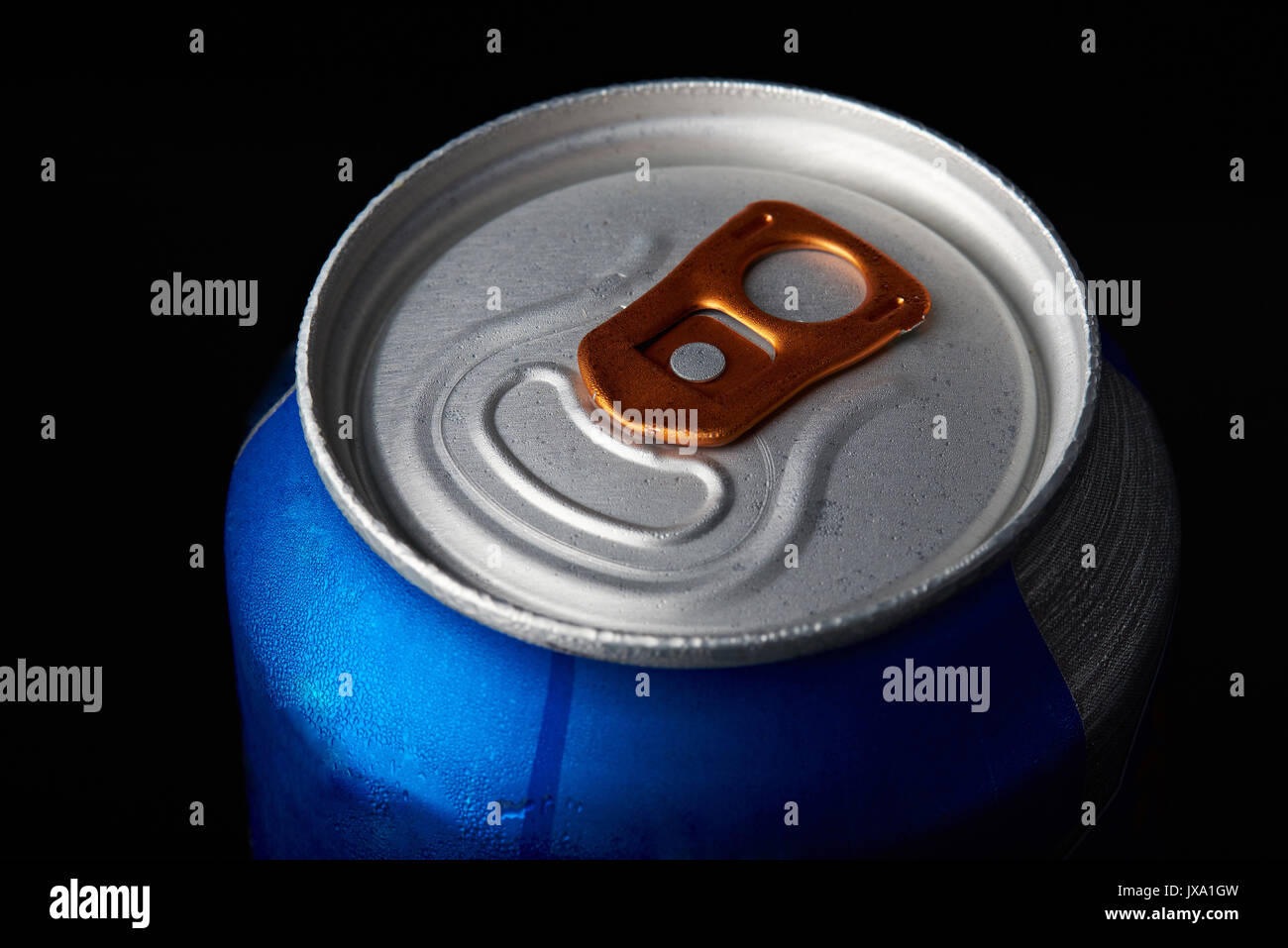 Metal beer can close-up isolated on black background Stock Photo
