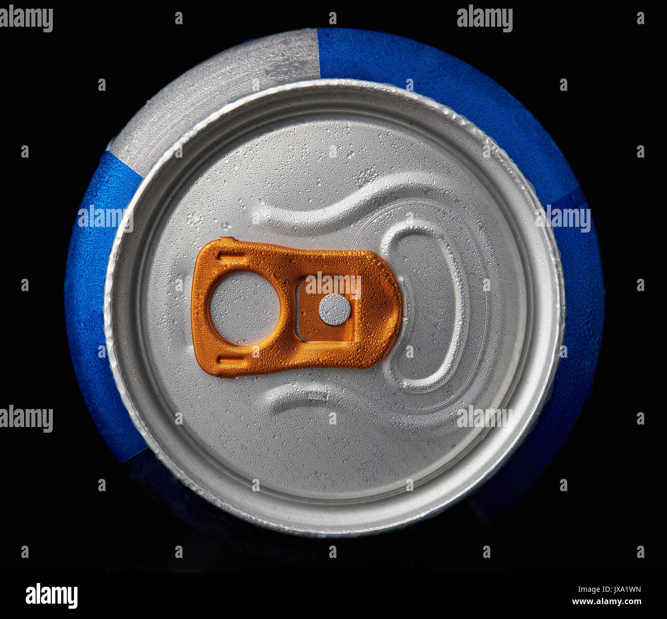 Above view of metal can with dew isolated on black background Stock Photo