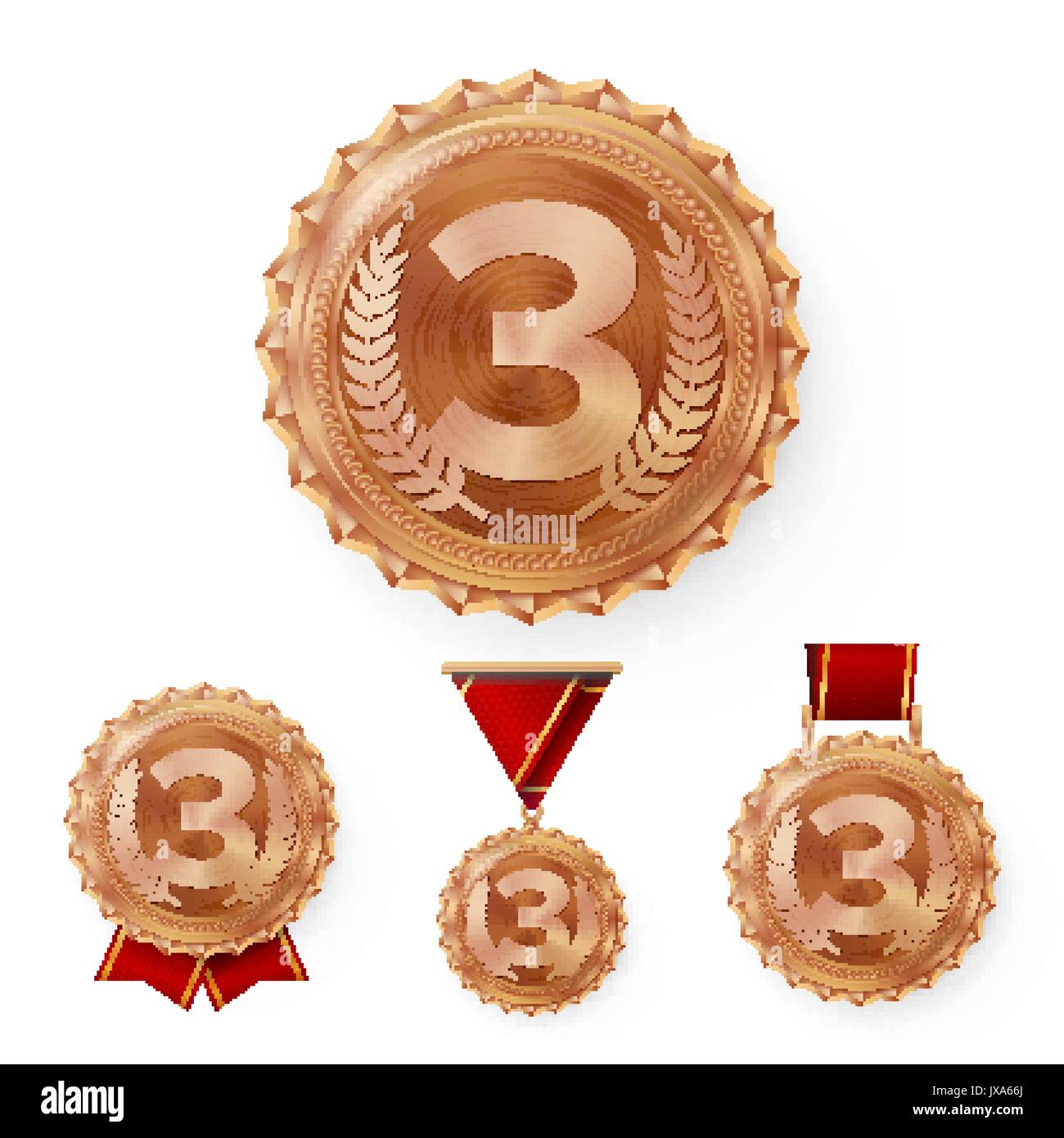 Champion Bronze Medals Set Vector. Metal Realistic 3rd Placement Winner Achievement. Number