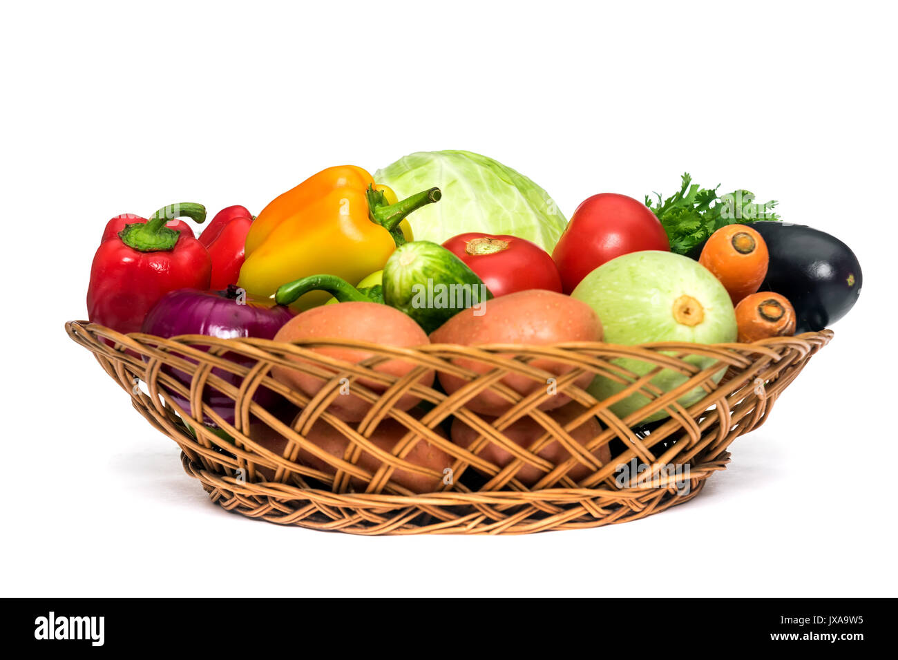 Basket with fresh mixed vegetables on white background Stock Photo - Alamy, image size:1300x955