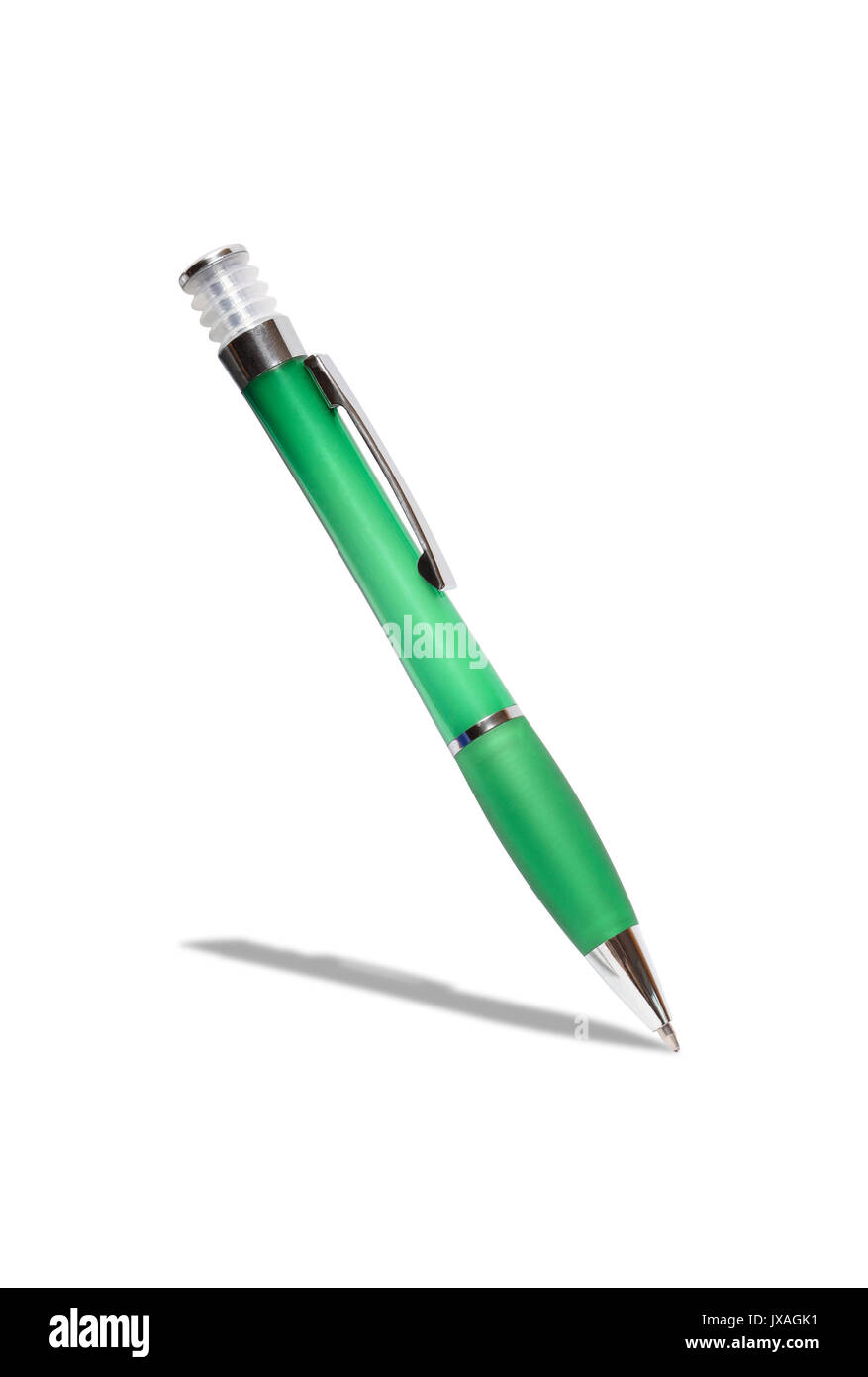 Modern plastic green ballpoint pen isolated on white background with clipping path Stock Photo