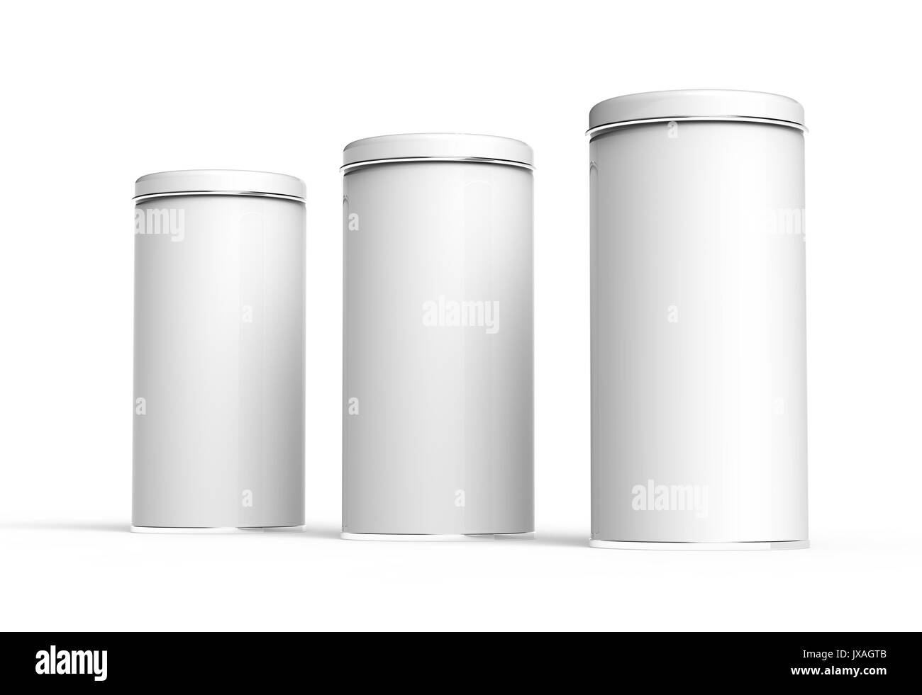 Tall metal tin mockup, blank round tin cans template with glossy surface in 3d rendering for design uses Stock Photo