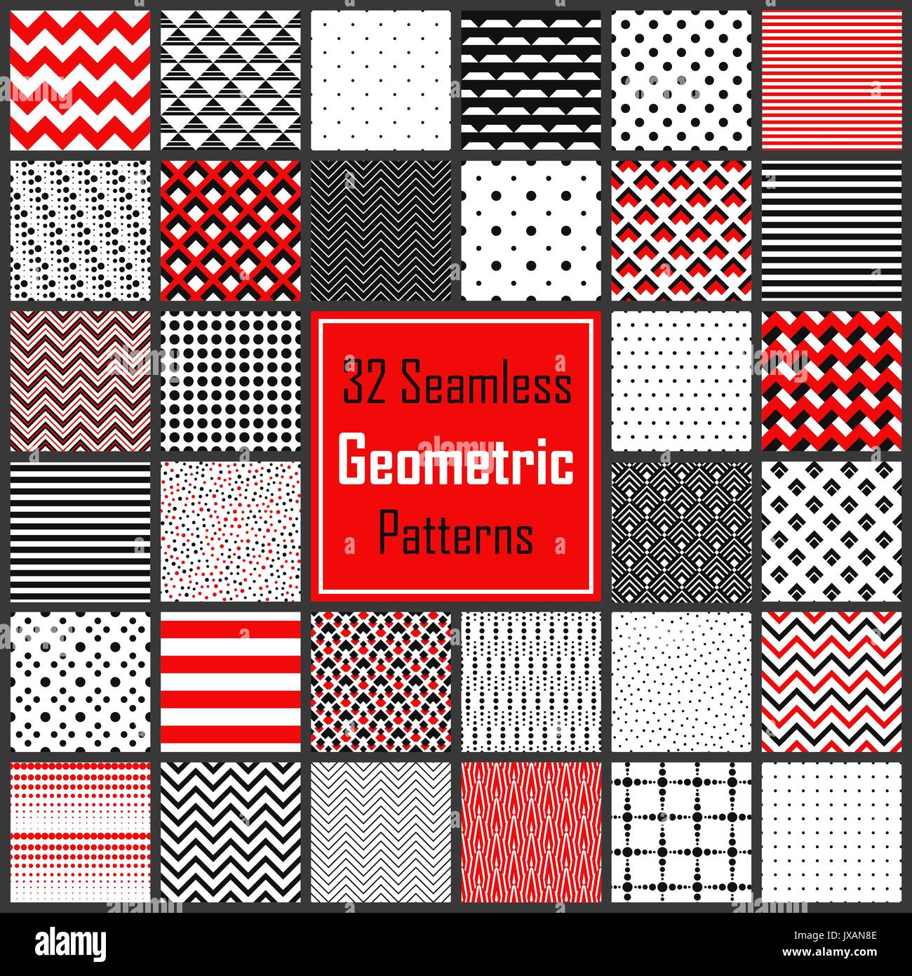 Geometric Black White Red Patterns Set Stock Vector