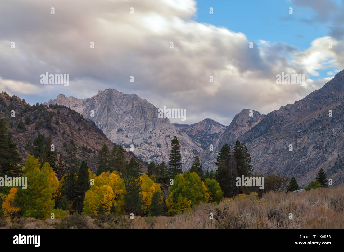 stormy clouds were covering the Eastern Sierra Mountains at June Lake on an early autumn evening, California, USA. Stock Photo