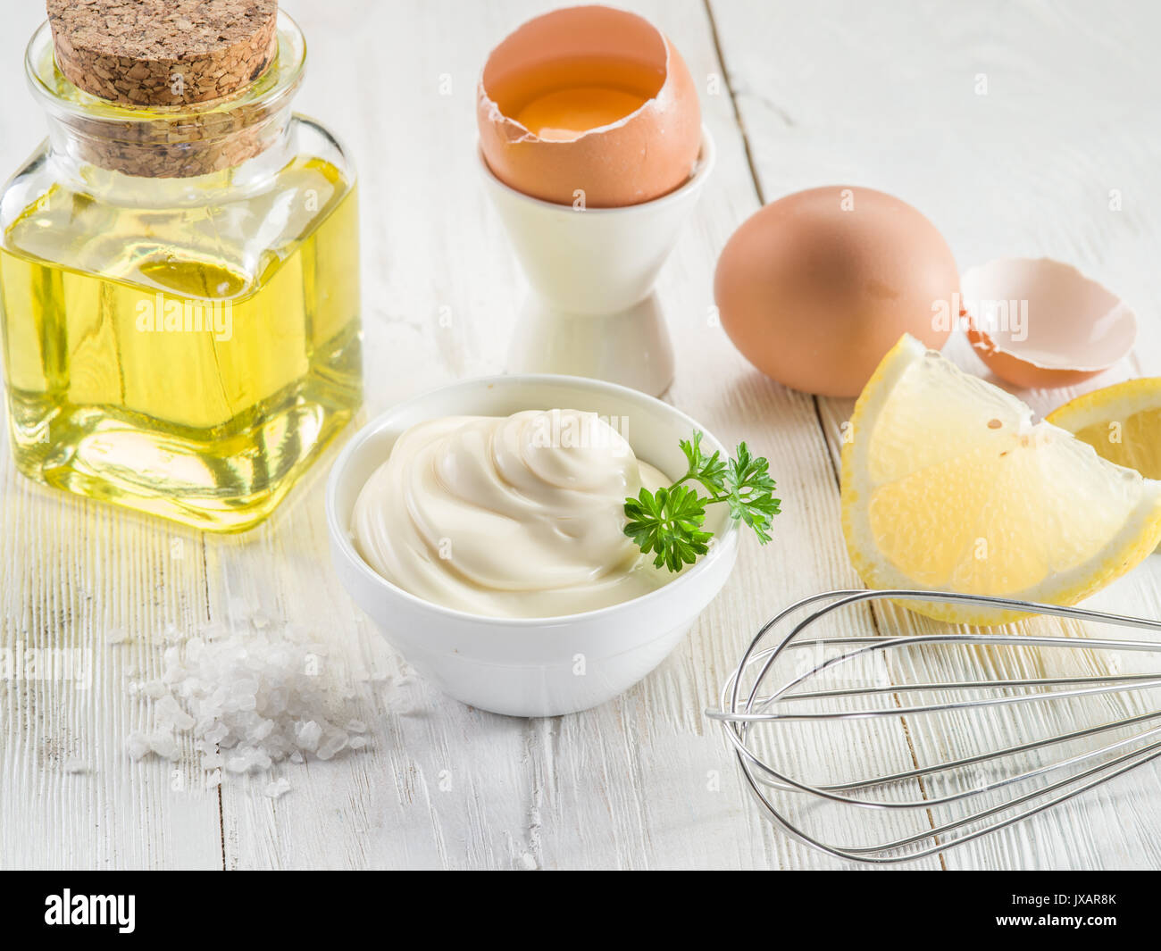 Natural mayonnaise ingredients and the sauce itself Stock Photo Alamy
