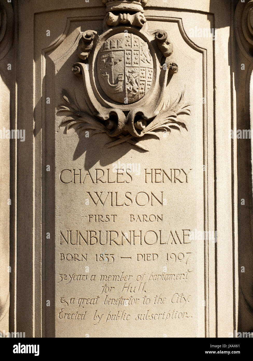 Charles Henry Wilson 1833 to 1907 Lord Nunburnholme Statue Pedestal with Inscription on Alfred Gelder Street in Hull Yorkshire England Stock Photo