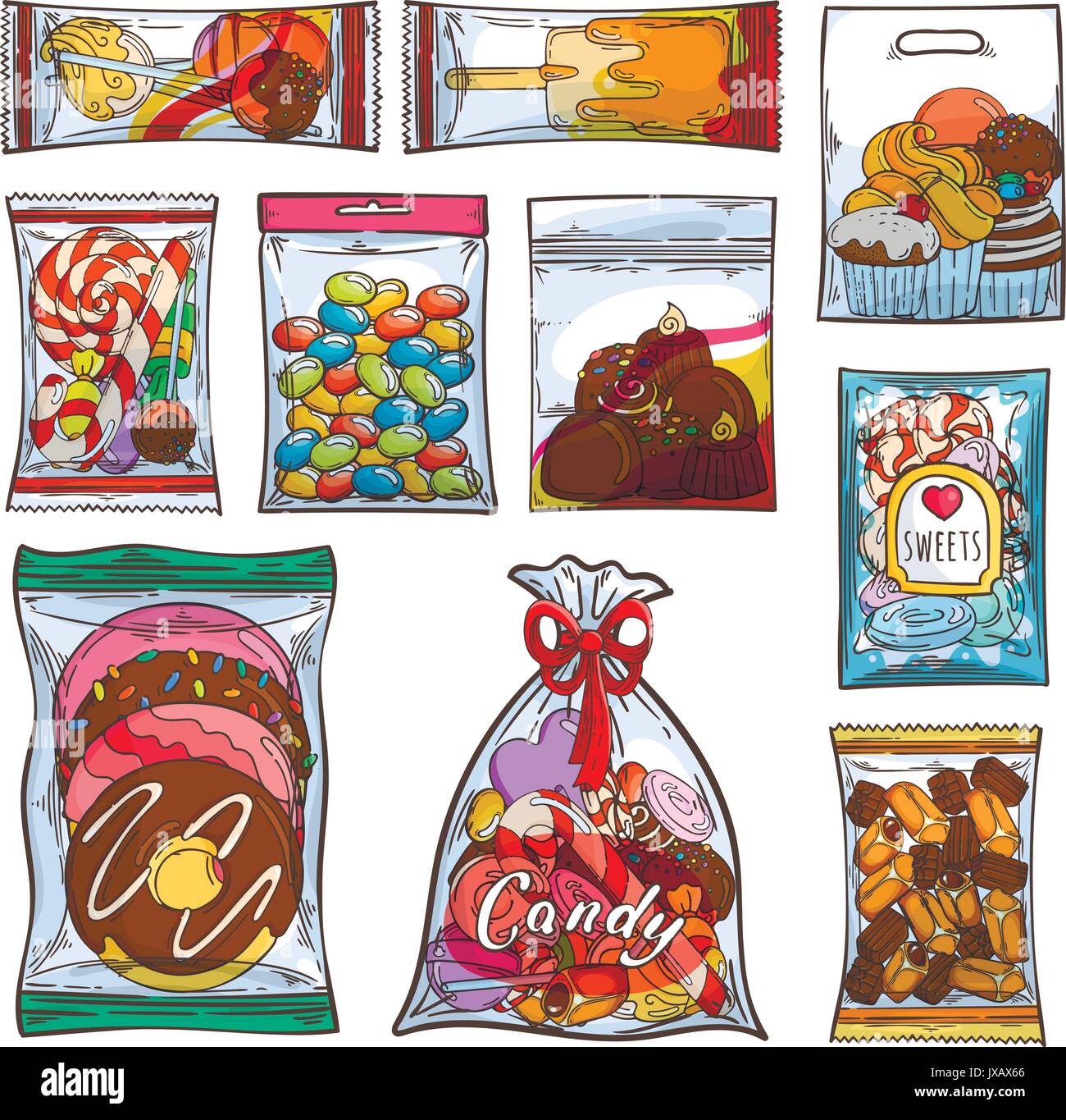Sweets, candy and cakes in plastic bags and packages. Vector illustration  Stock Vector Image & Art - Alamy