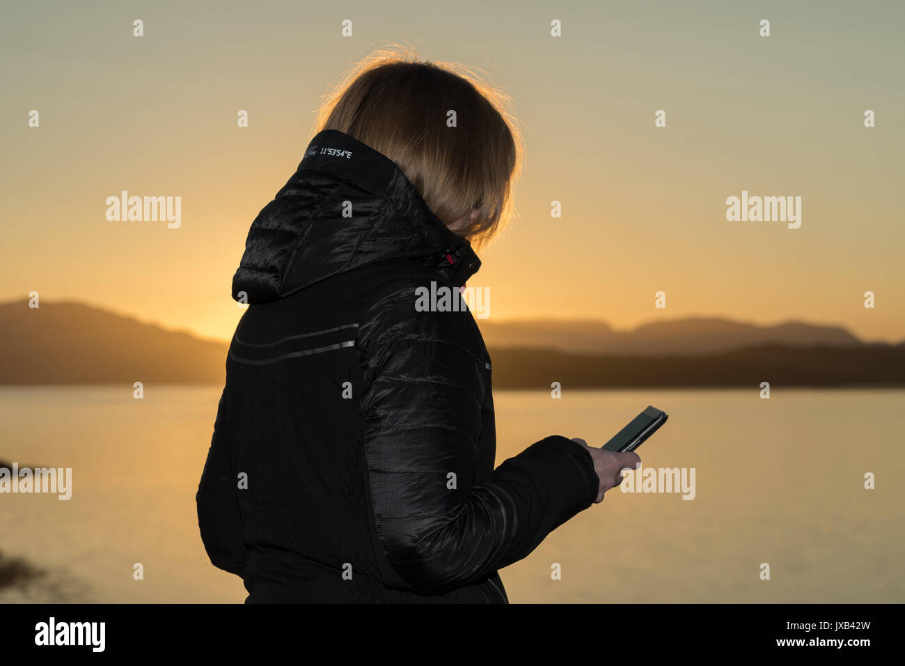 Woman texting on phone in sunset Stock Photo