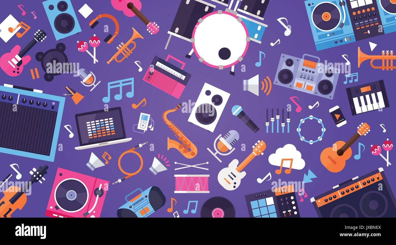 Seamless Pattern Music Instruments And Equipment Electronics Icons Stock Vector