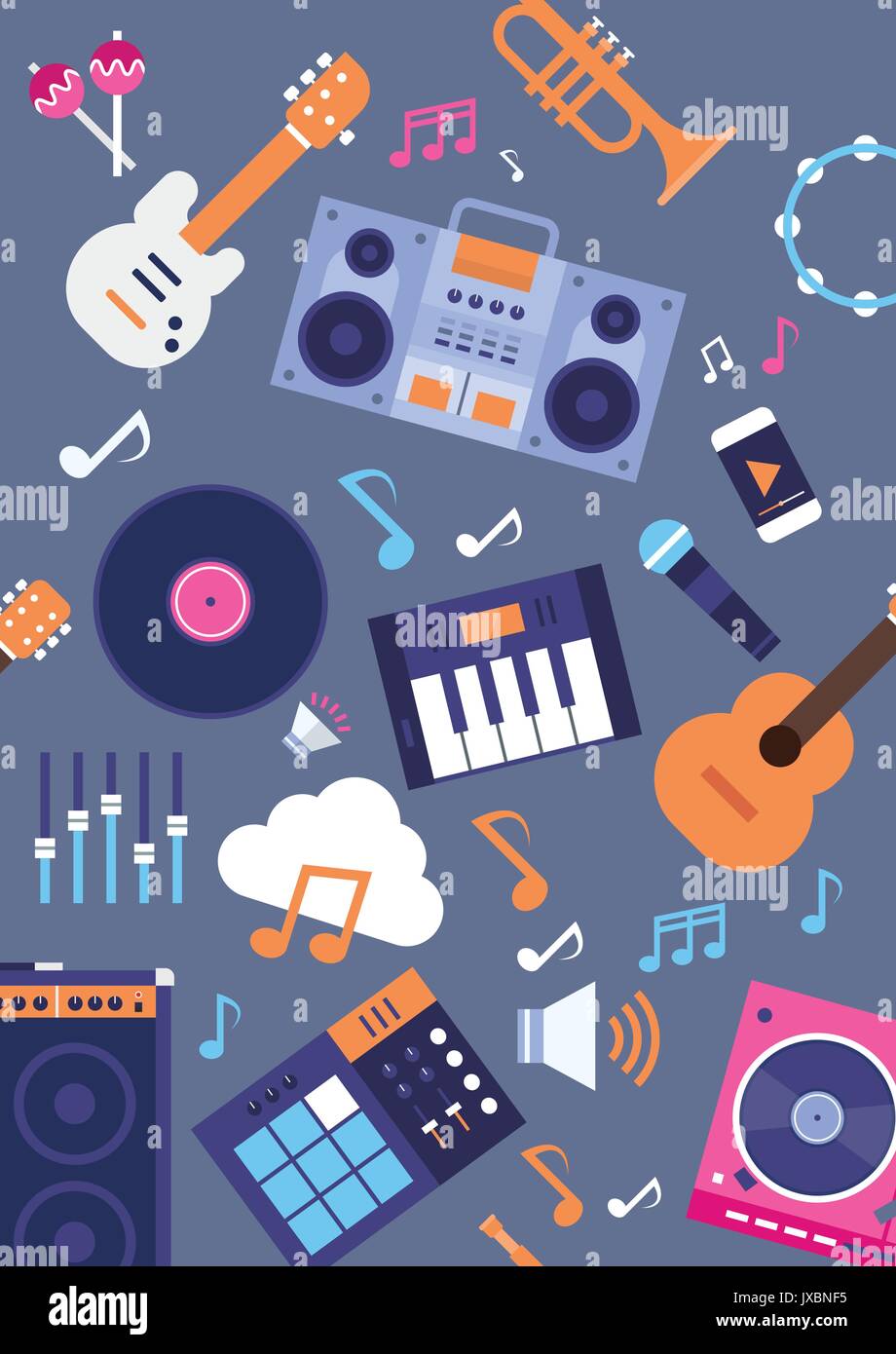 Seamless Pattern Music Instruments And Equipment Electronics Icons Stock Vector