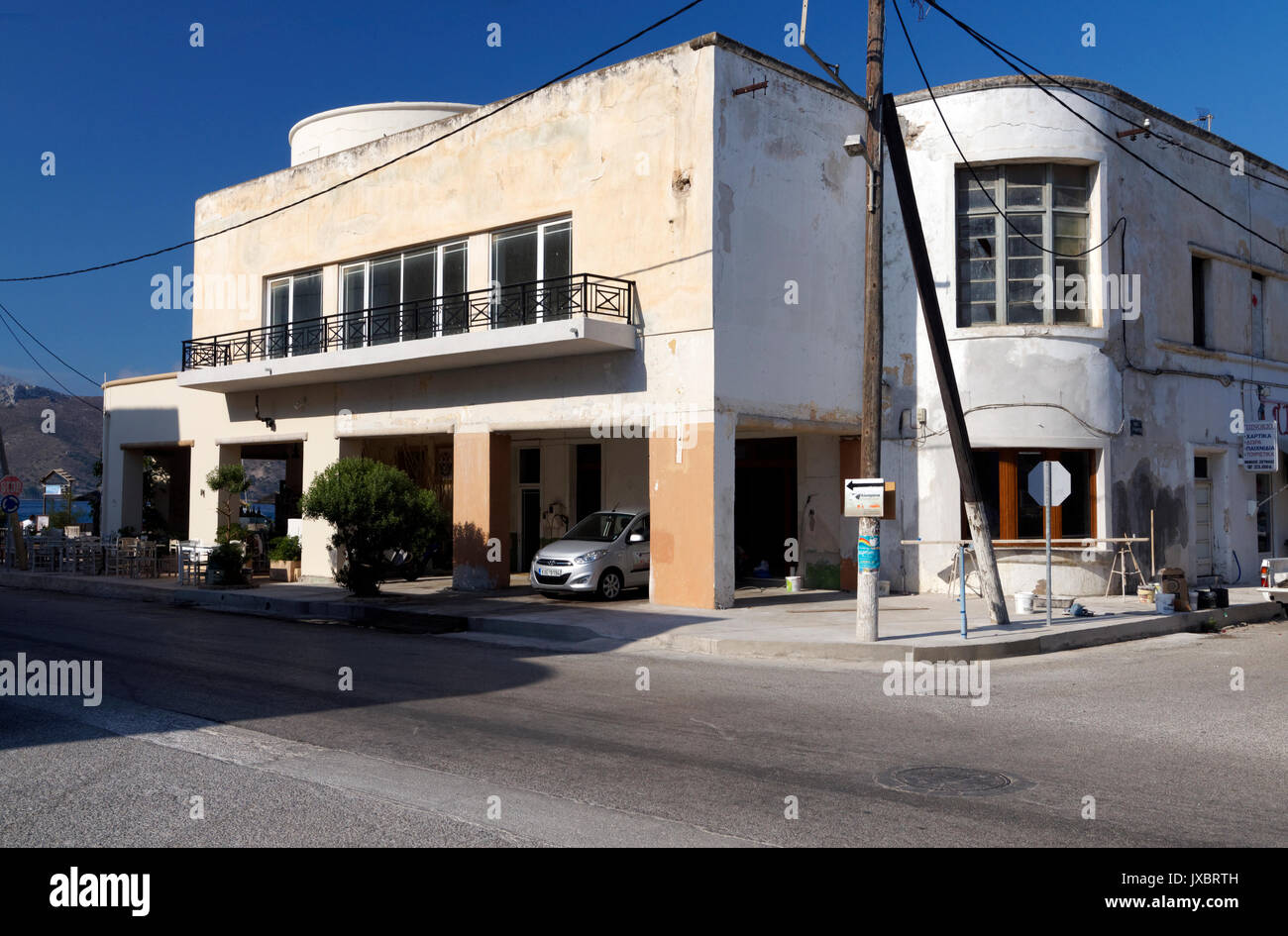 The town of Lakki built by Italian Fascists in the style known as Razionalismo under the orders of Moussolini, Leros, Dodecanese Islands, Greece. Stock Photo