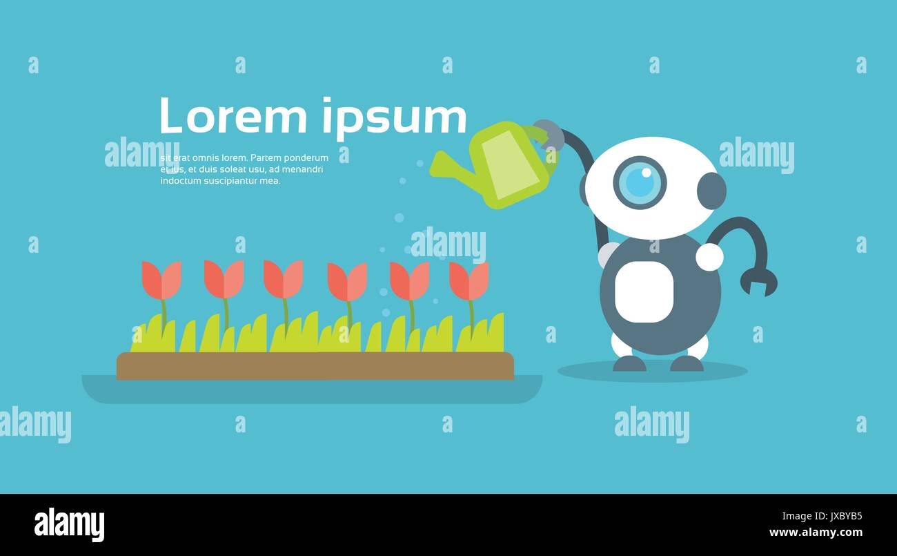 Modern Robot Watering Flowers Artificial Intelligence Technology Concept Stock Vector