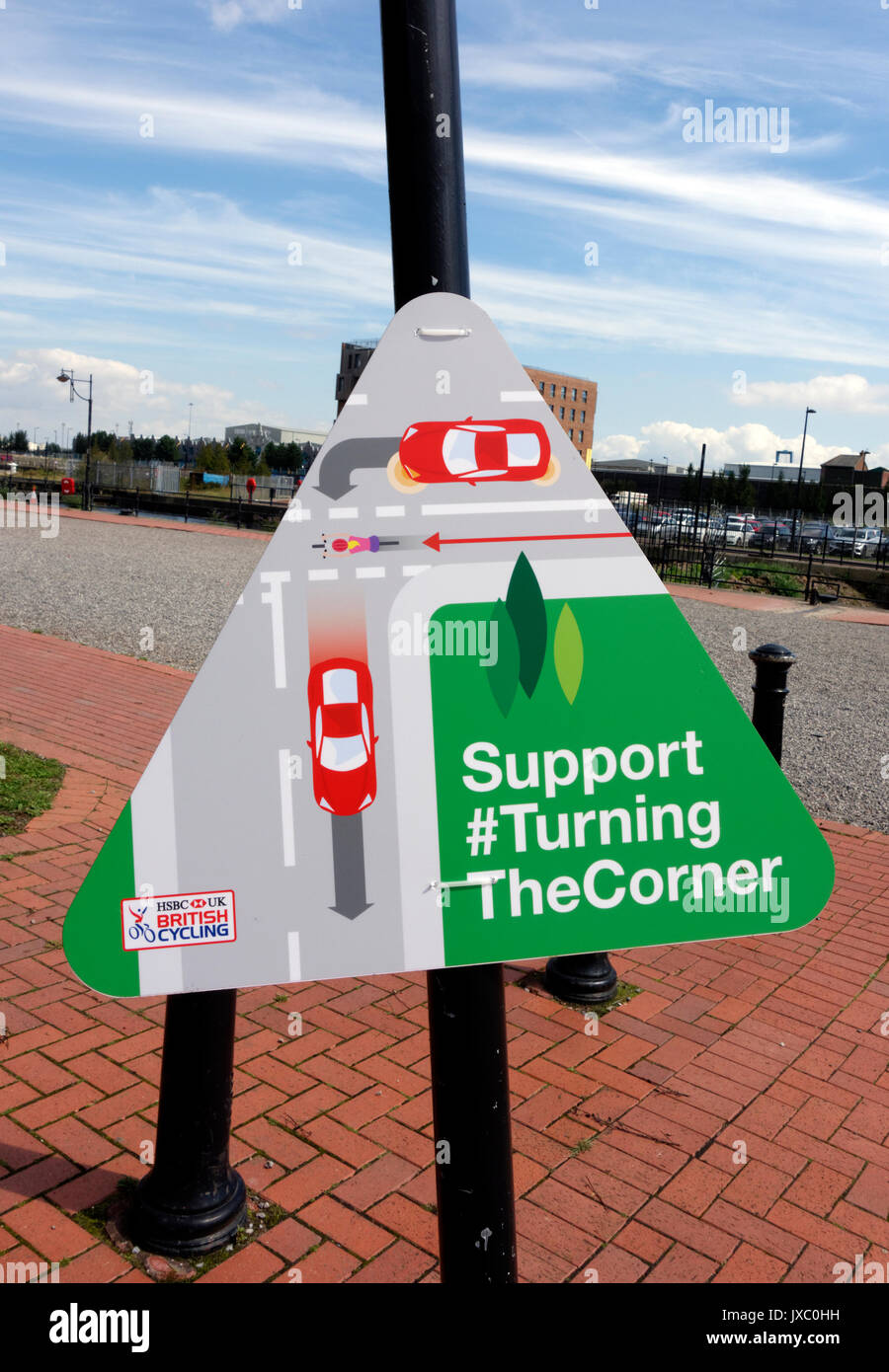 Sign to promote the British Cycling initiative 'Support # turning the corner', Cardiff Bay, Wales, UK. Stock Photo