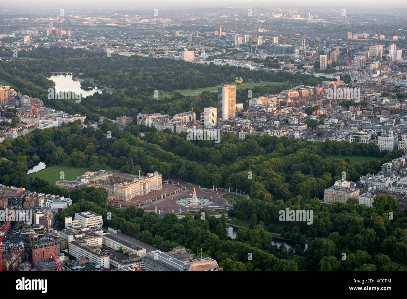 General aerial view of Buckingham Palace, Green Park, Hyde Park and St James's Park, London. Stock Photo