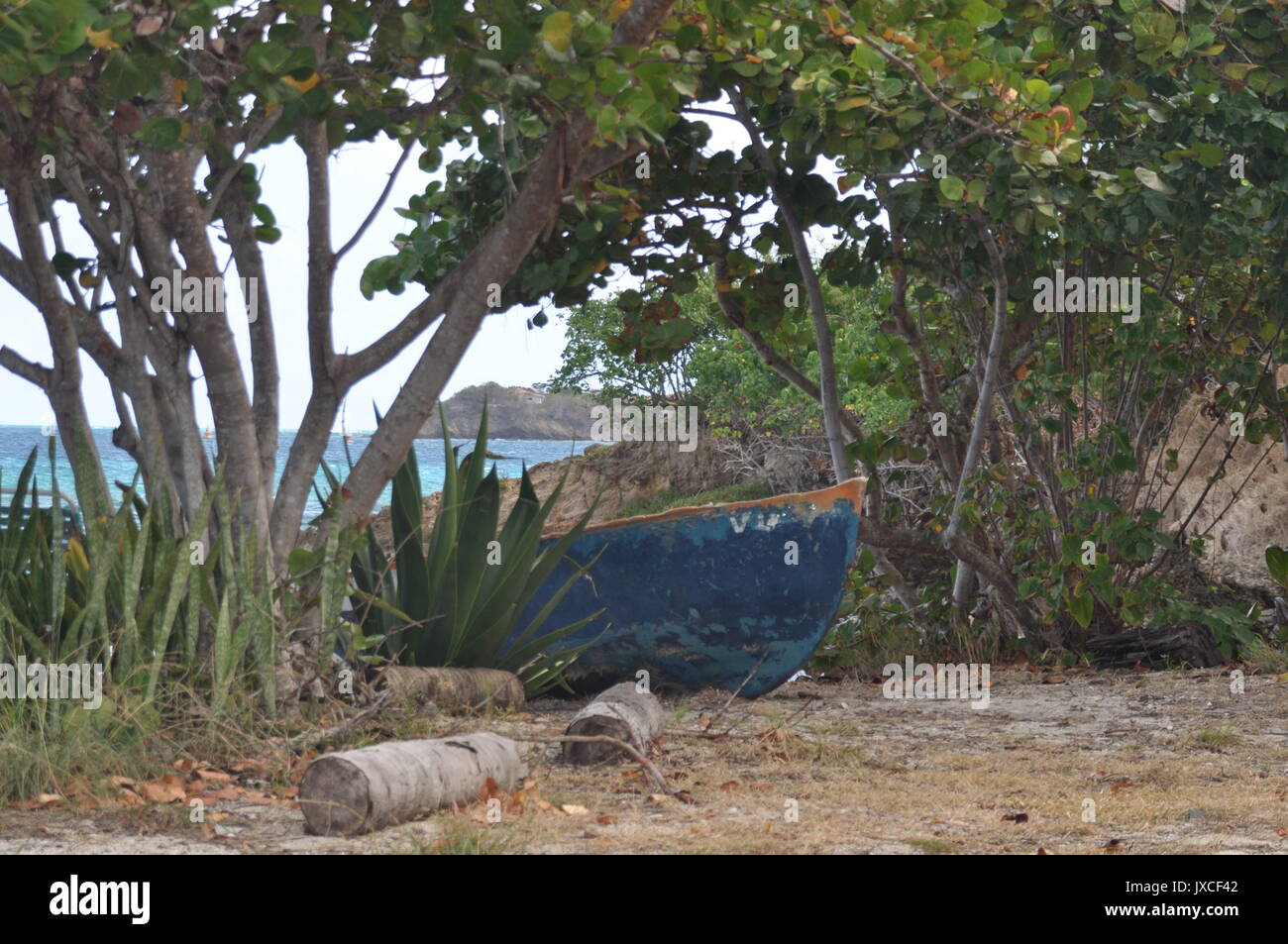 Old Blue Boat on an Island in the Caribbean Stock Photo
