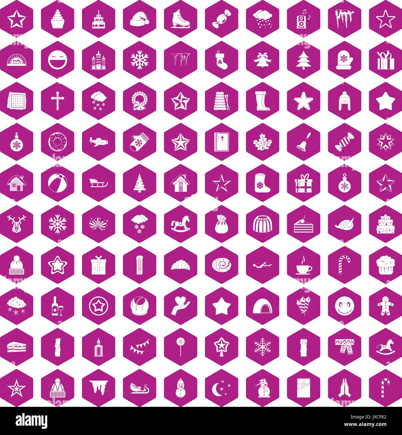 100 christmas icons hexagon violet Stock Vector