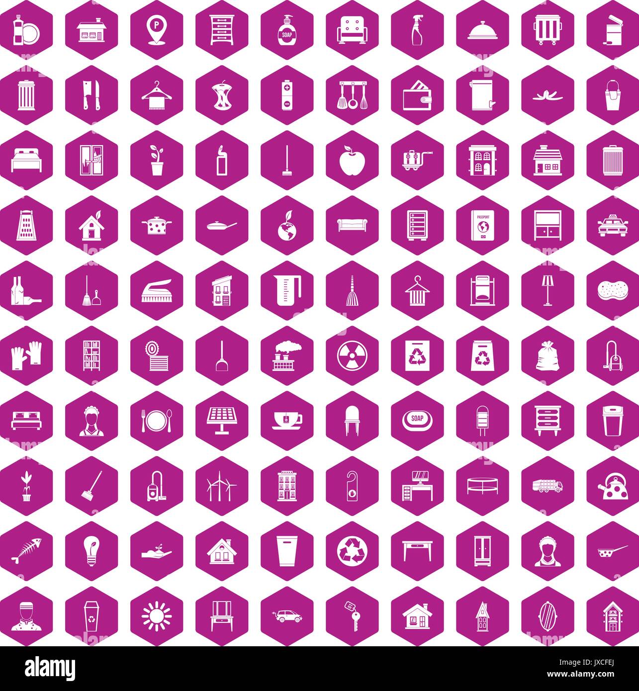 100 cleaning icons hexagon violet Stock Vector