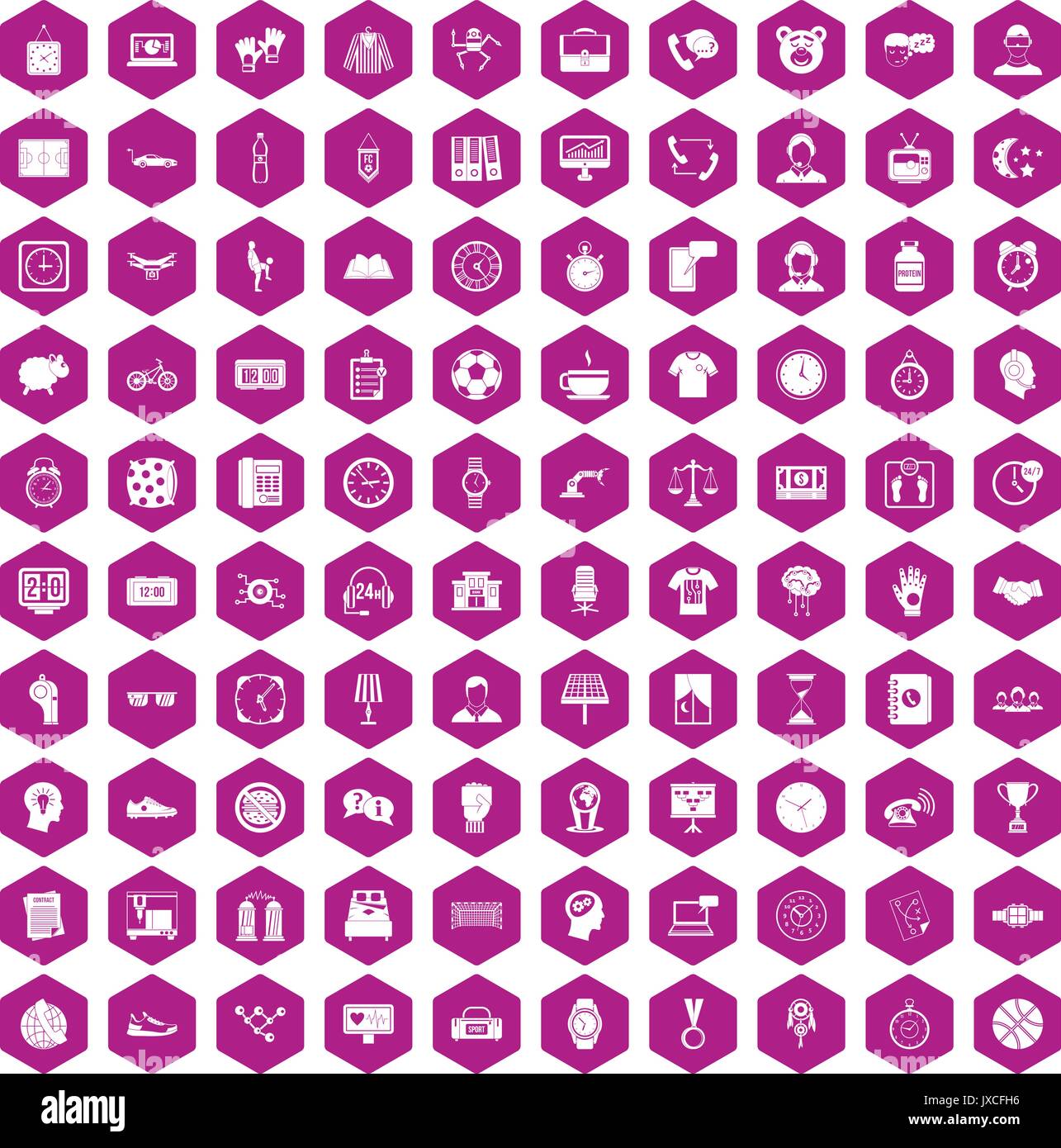 100 clock icons hexagon violet Stock Vector