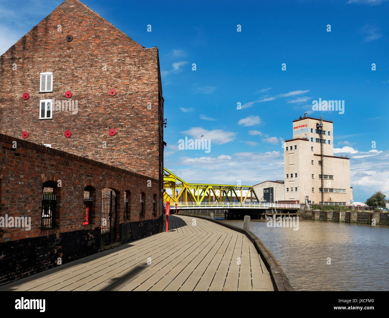 Walkway by the River Hull and Drypool Bridge and Shotwell Tower in Hull Yorkshire England Stock Photo