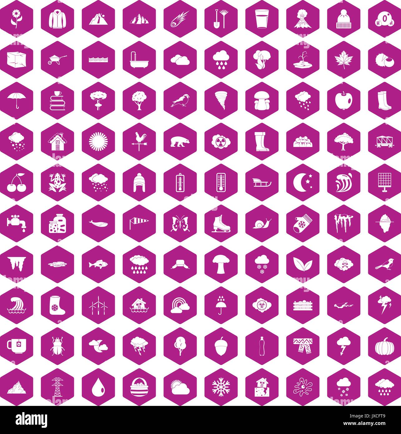 100 clouds icons hexagon violet Stock Vector
