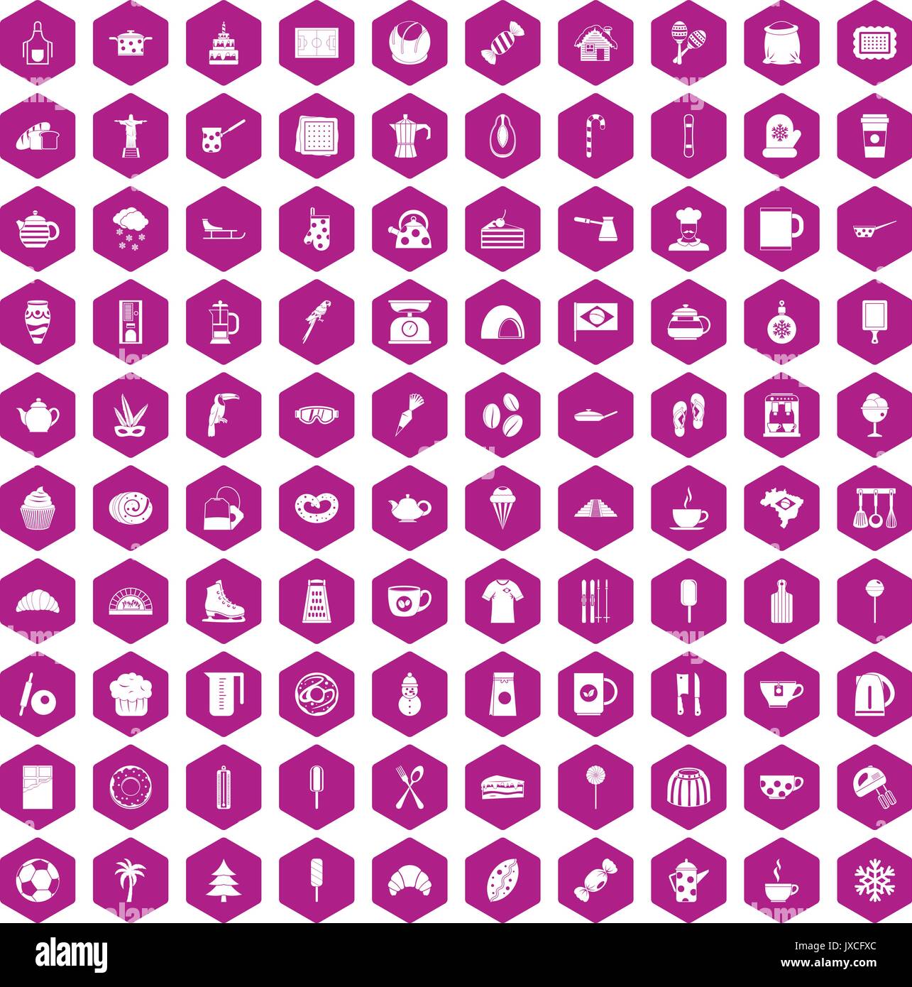 100 coffee icons hexagon violet Stock Vector