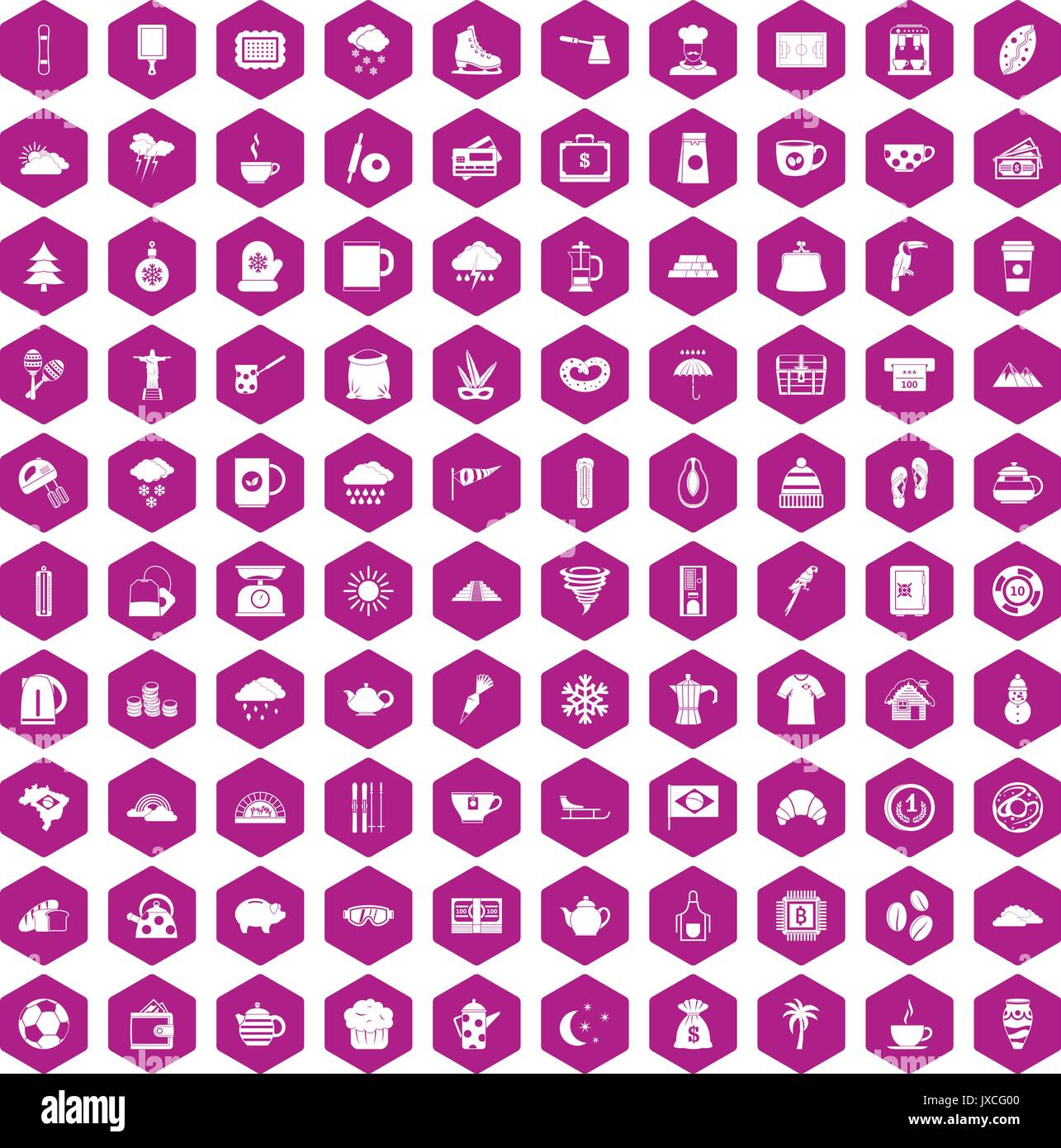 100 coffee cup icons hexagon violet Stock Vector