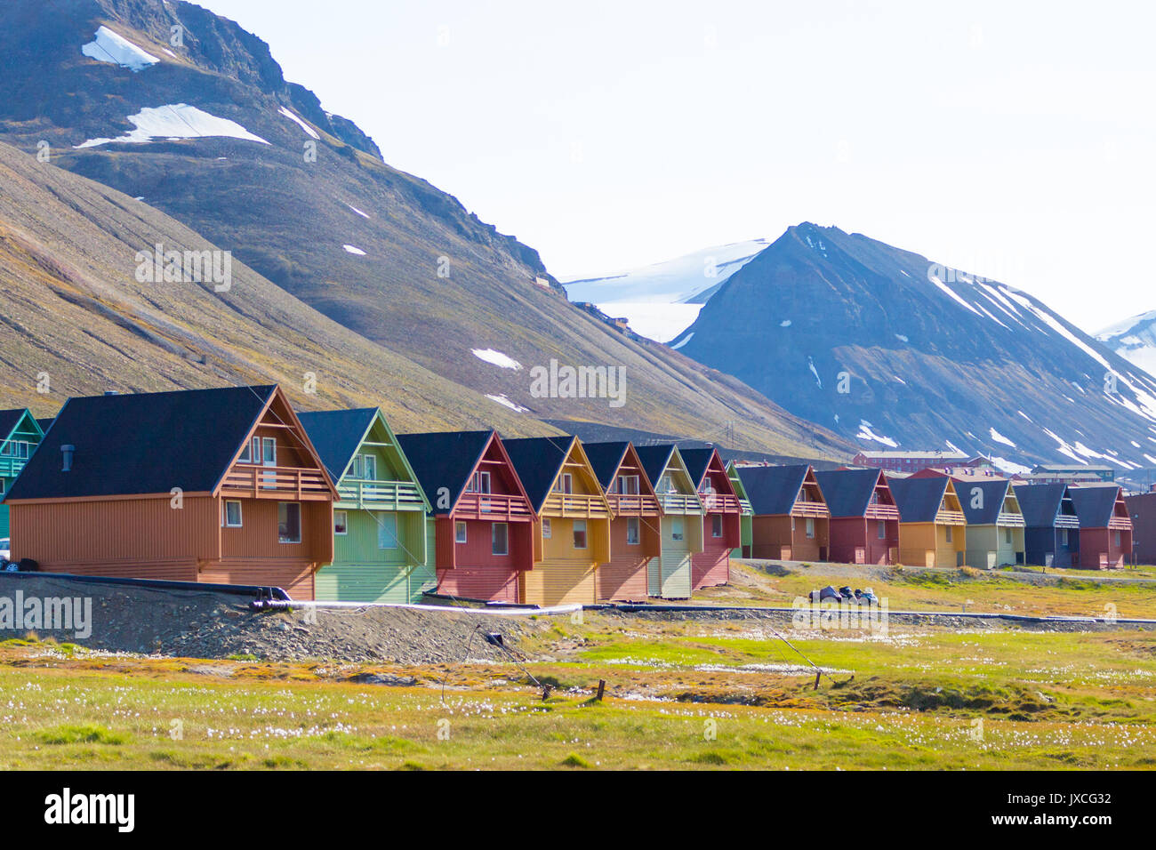 Row Of Norwegian Wooden Houses In Svalbard Capital Of Longyearbyen