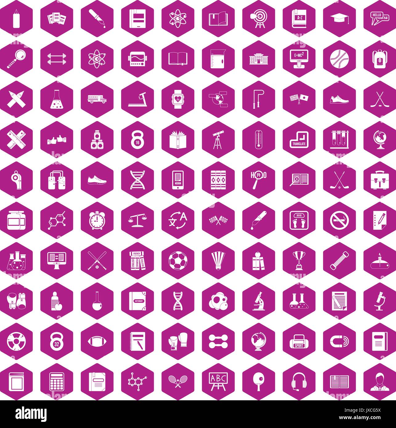 100 college icons hexagon violet Stock Vector