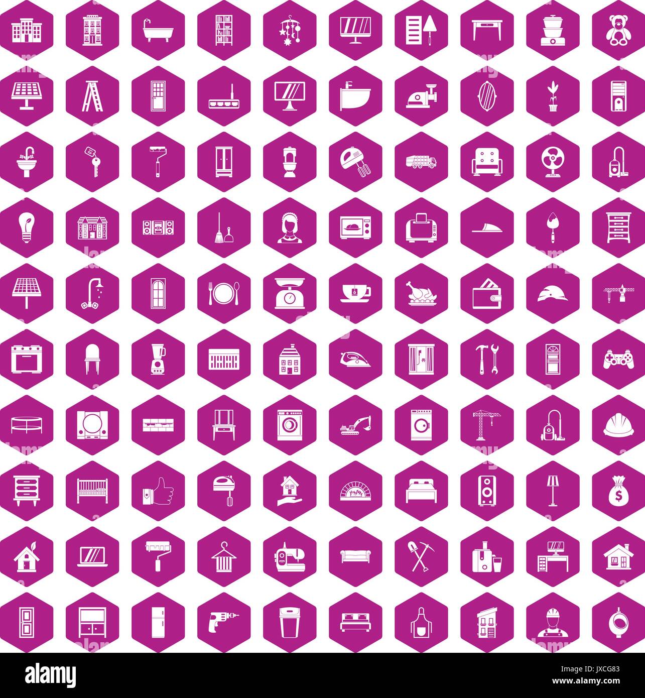 100 comfortable house icons hexagon violet Stock Vector