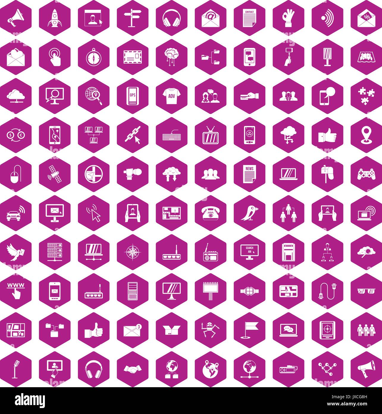 100 communication icons hexagon violet Stock Vector