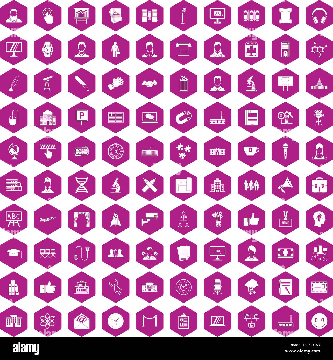 100 conference icons hexagon violet Stock Vector