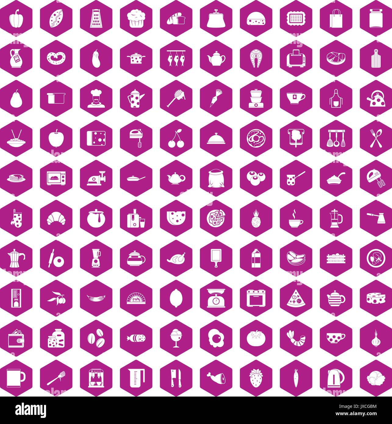 100 cooking icons hexagon violet Stock Vector