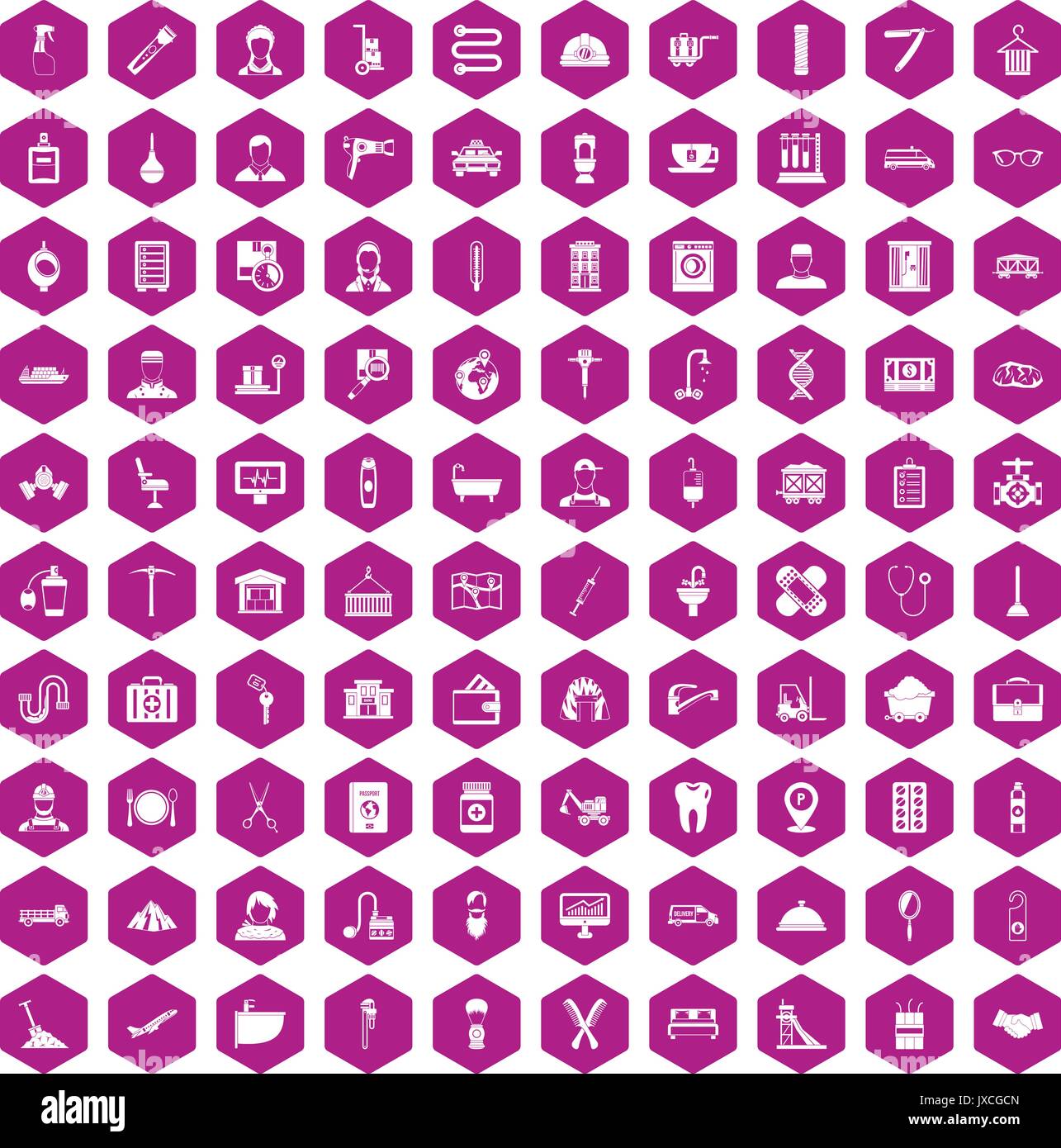 100 craft icons hexagon violet Stock Vector