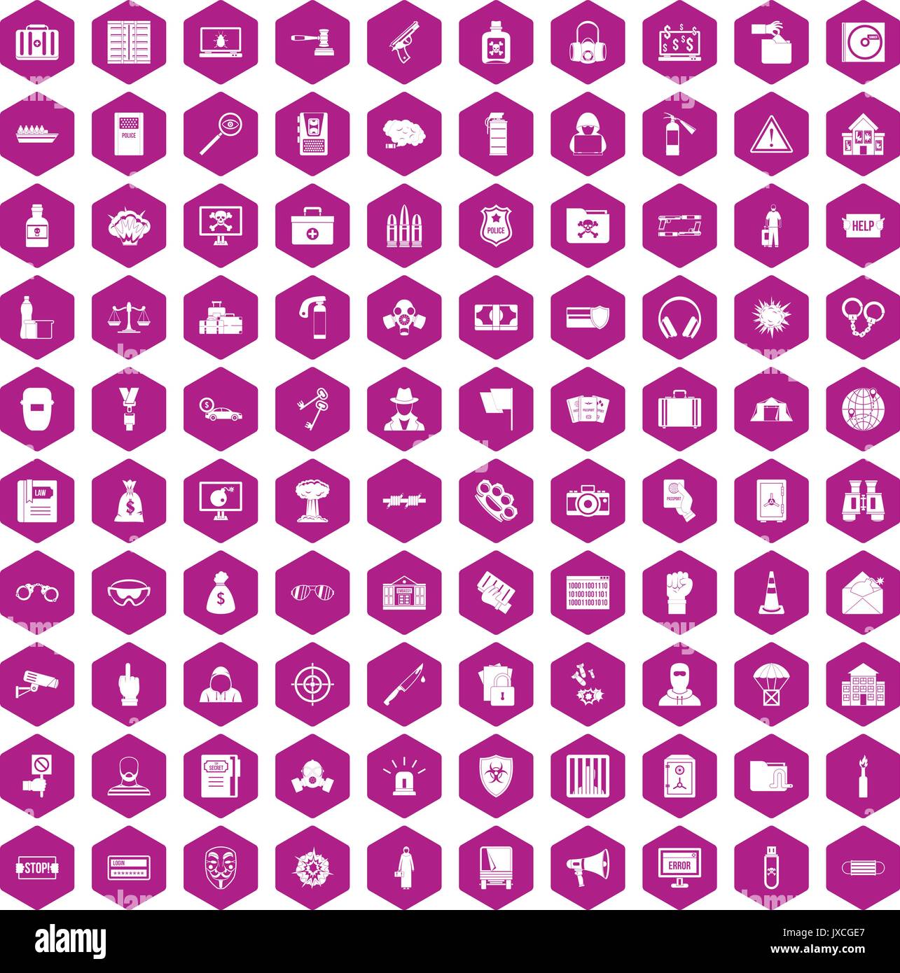 100 crime icons hexagon violet Stock Vector