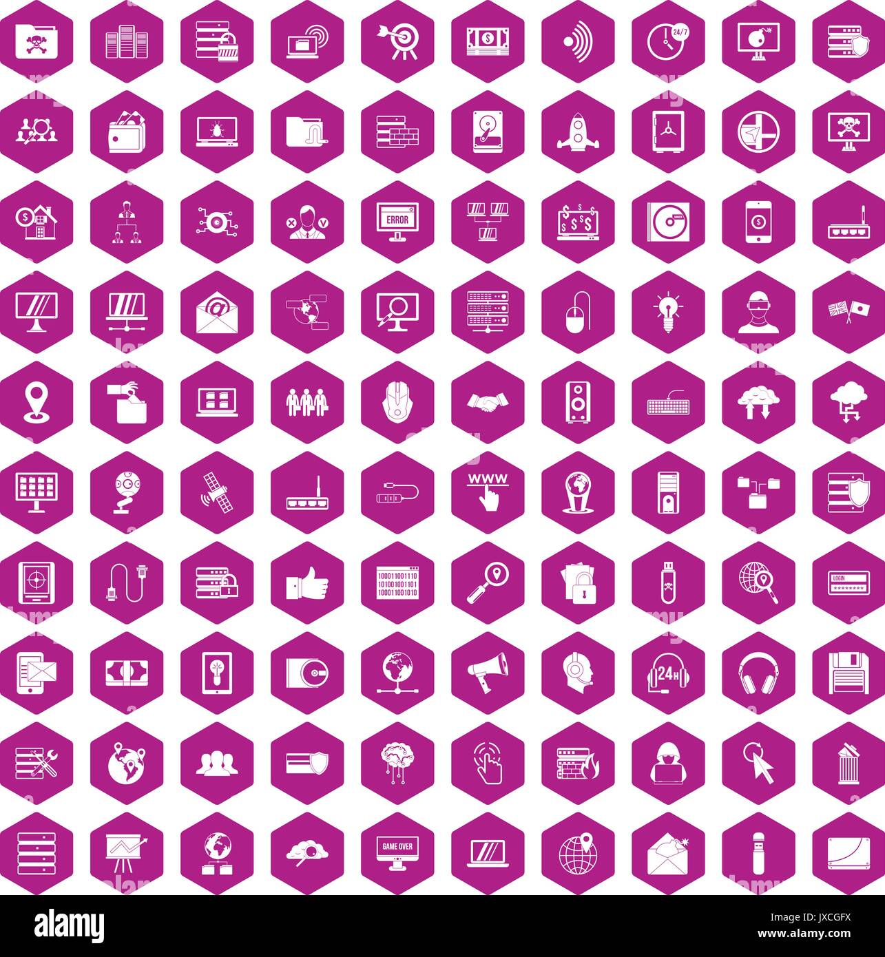 100 cyber security icons hexagon violet Stock Vector