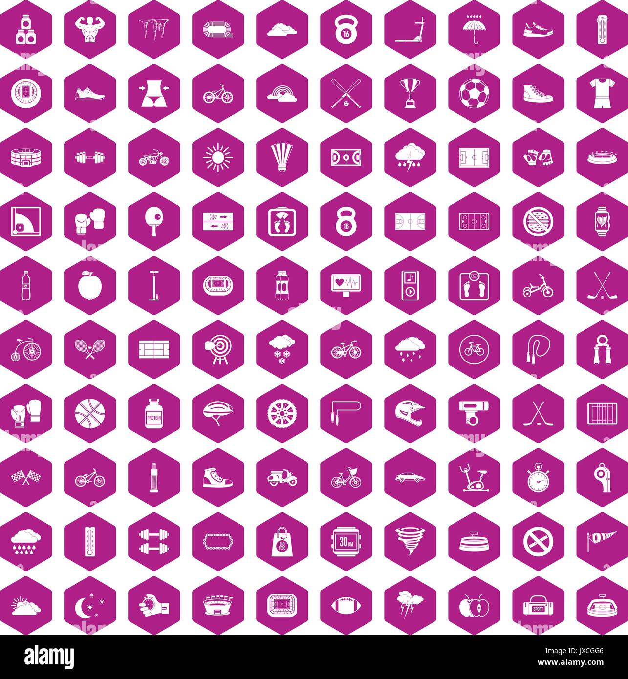 100 cycling icons hexagon violet Stock Vector