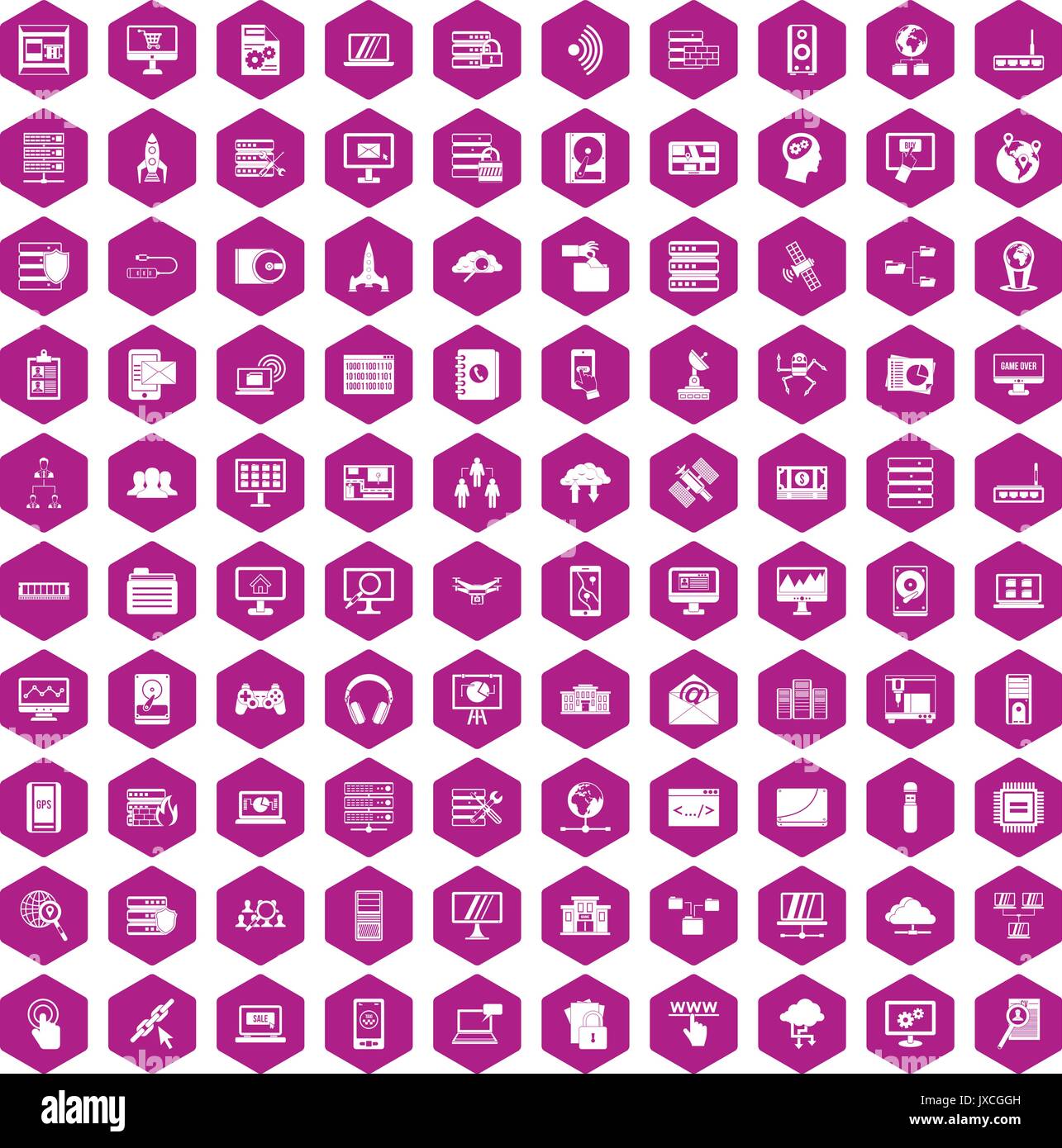 100 database and cloud icons hexagon violet Stock Vector