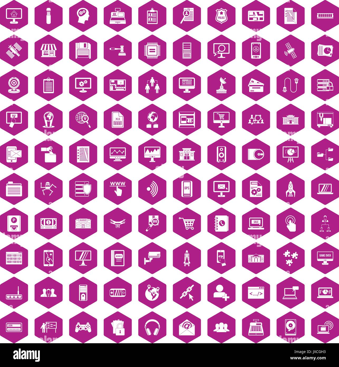 100 database icons hexagon violet Stock Vector