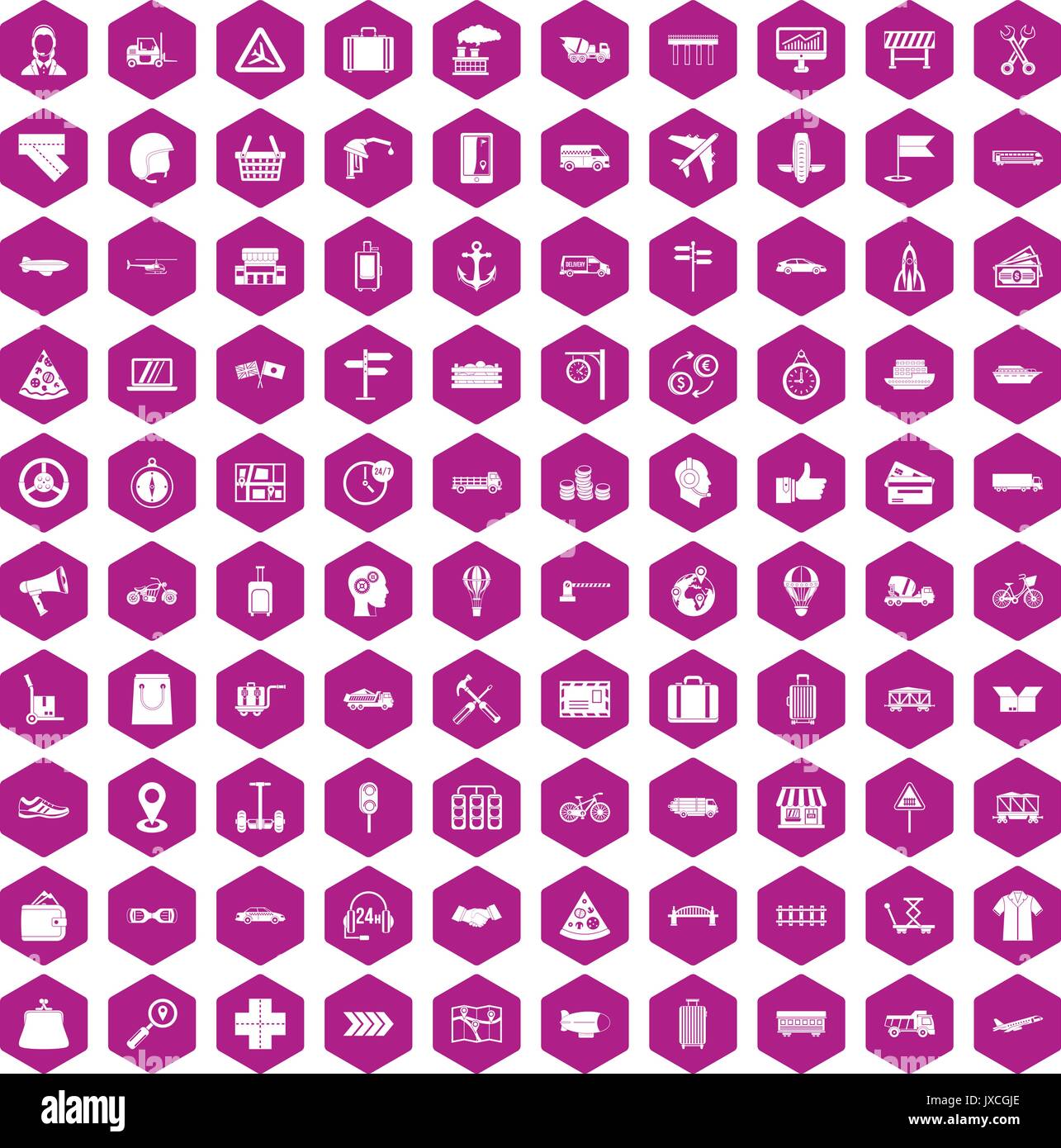 100 delivery icons hexagon violet Stock Vector