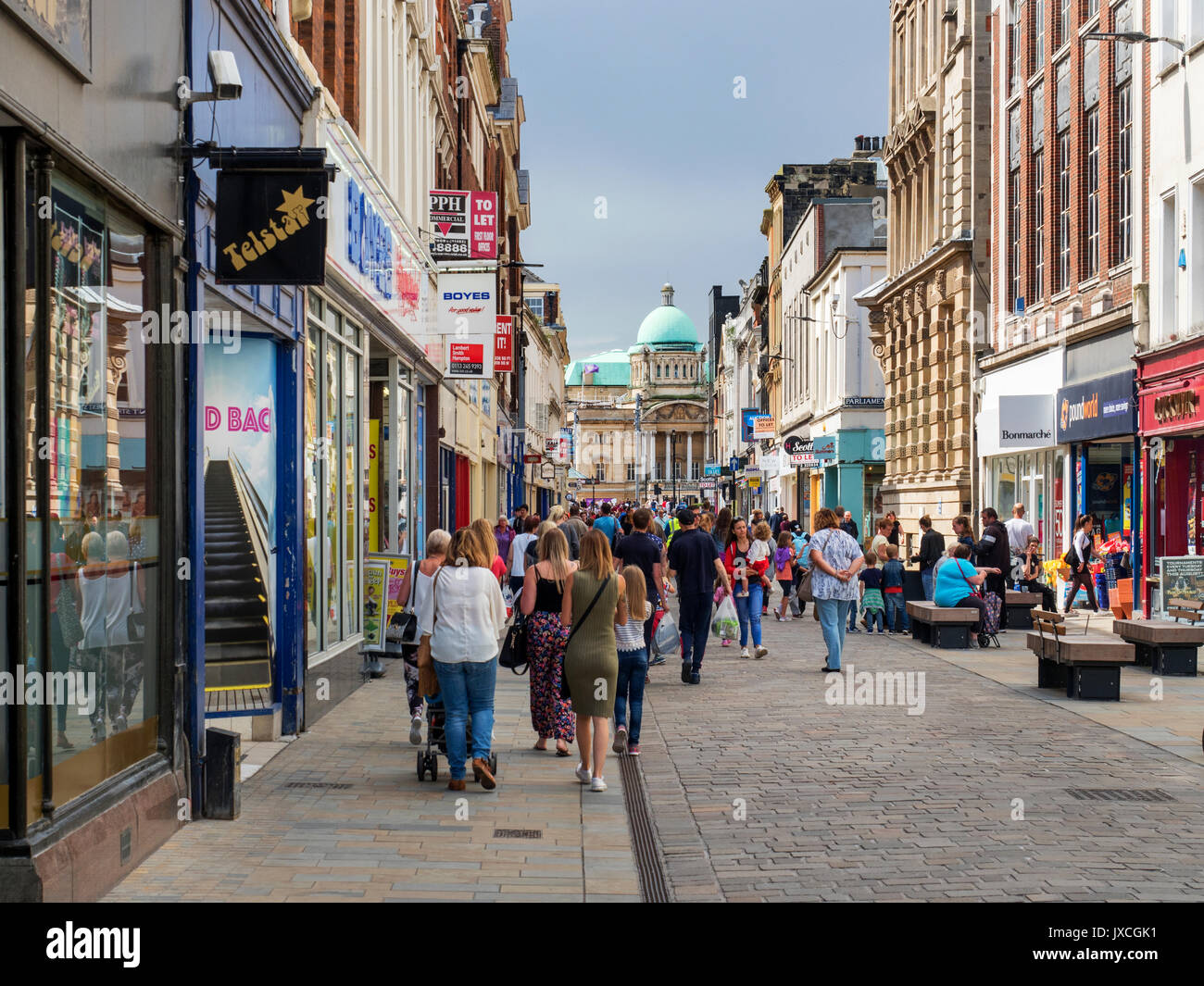 View along Busy Whitefriargate Shopping Street to the City Hall in Hull Yorkshire England Stock Photo