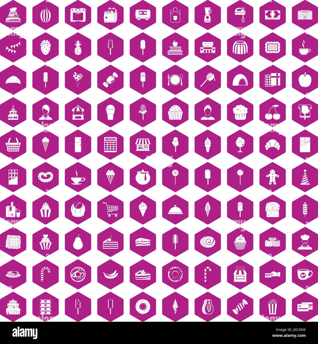 100 dessert icons hexagon violet Stock Vector