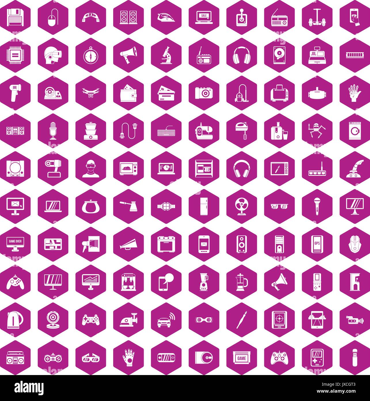 100 device app icons hexagon violet Stock Vector
