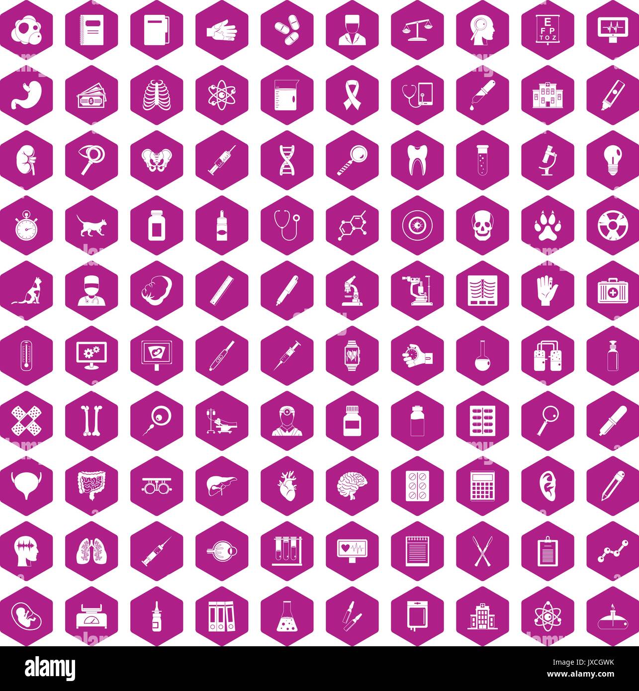 100 diagnostic icons hexagon violet Stock Vector