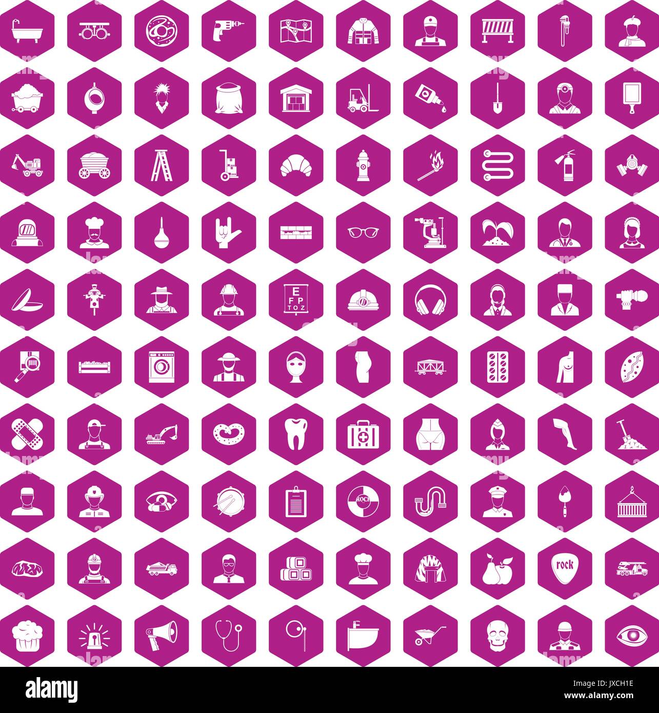 100 different professions icons hexagon violet Stock Vector